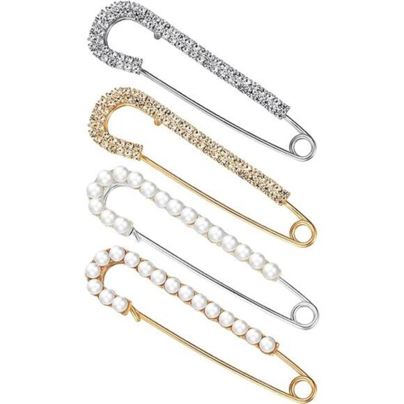 4 Women Brooch Pins Sweater Shawl Clips Faux Crystal Pearl Brooches Safety Pins - Picture 8 of 8